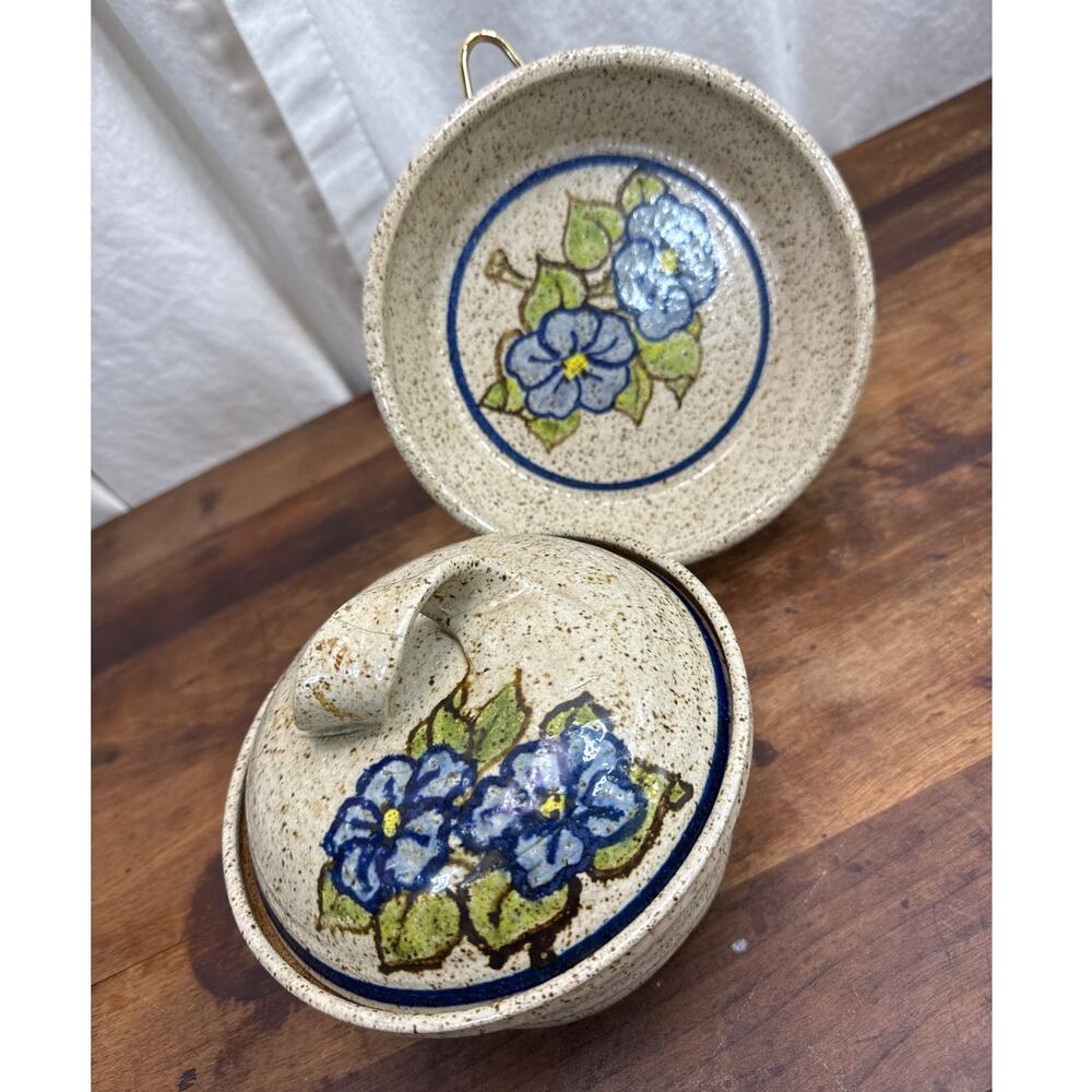 Stoneware Lidded Casserole Dish & Plate Hand Painted Brown Speckled Blue Floral